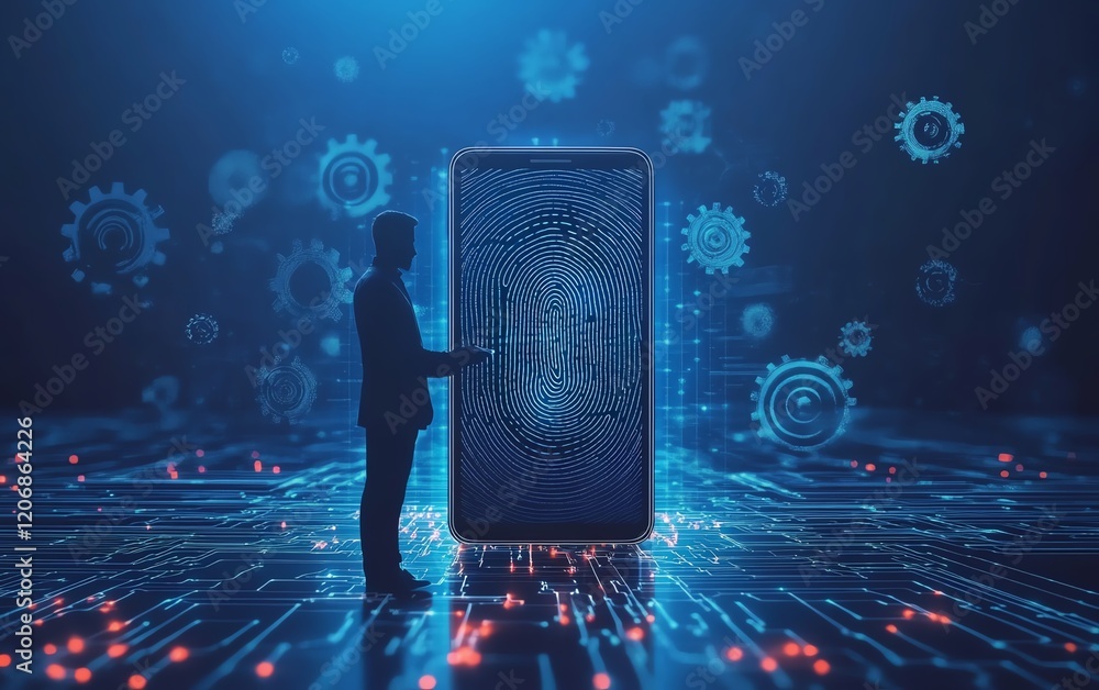 Poster man s silhouette scanning fingerprint on smartphone, surrounded by floating gears and dynamic data v