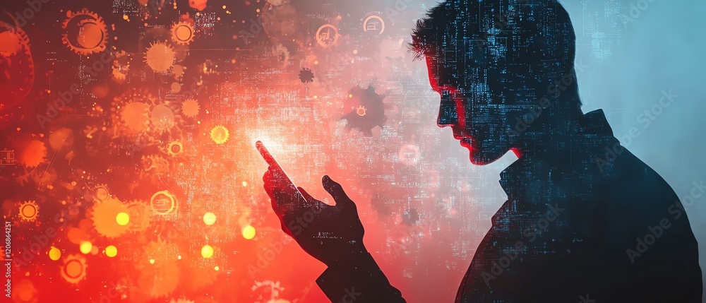 Poster man s silhouette using a fingerprint scanner on a smartphone, abstract gears and data visuals in the