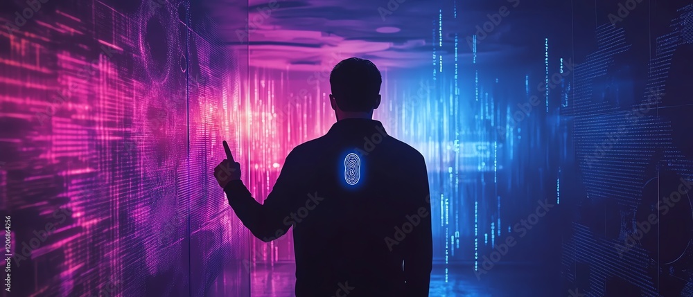 Poster man s silhouette using a fingerprint scanner on a smartphone, abstract gears and data visuals in the