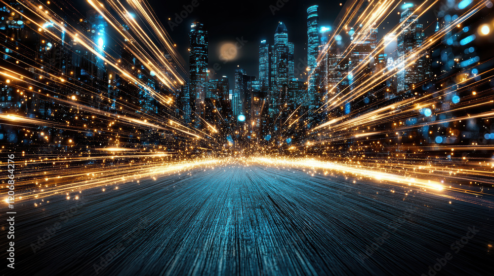 Poster dynamic light trails create vibrant abstract bokeh effect in cityscape