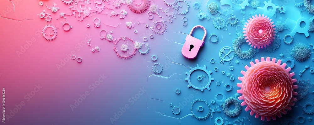 Poster pastel digital fingerprint security with abstract lock and gears, colorful gradient background, adva