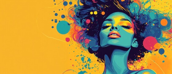 Vibrant Woman Abstract Art Colorful Portrait Yellow Background