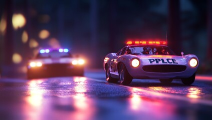 Fototapeta premium Night police chase, classic car, rain, lights.
