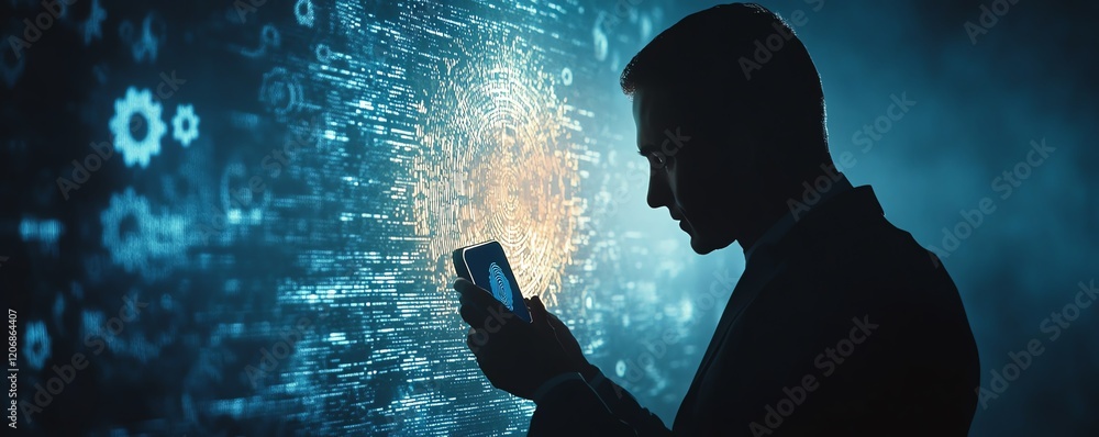 Poster silhouette of a man interacting with smartphone fingerprint scanner, abstract gears and data visual 