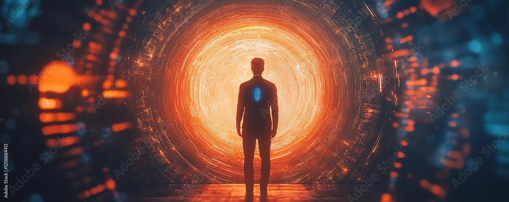 Poster silhouette of a man interacting with smartphone fingerprint scanner, abstract gears and data visual 