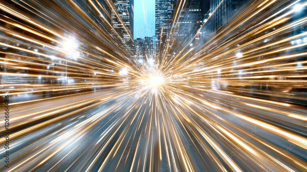 Poster dynamic light trails create vibrant abstract bokeh effect in cityscape