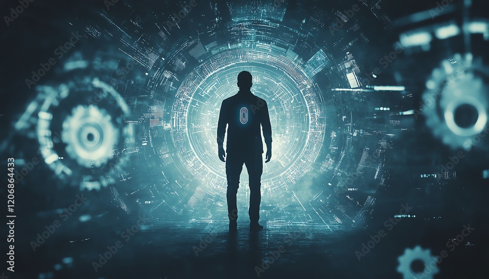 Poster silhouette of a man with a smartphone fingerprint scanner, surrounded by floating gears and data vis