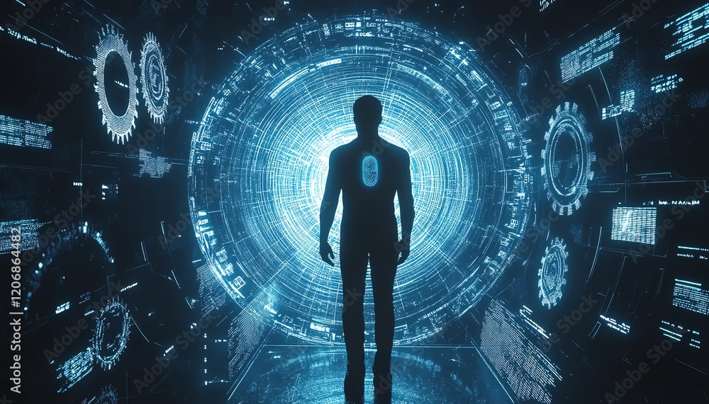 Poster silhouette of a man with a smartphone fingerprint scanner, surrounded by floating gears and data vis
