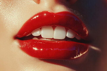 Obraz premium Woman's lips with vibrant red lipstick, showcasing a bold and alluring color choice.