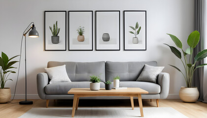 ai of living room grey sofa design and photos frame on wall and wooden floor and wooden table