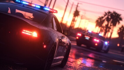 Police cars chasing at sunset.