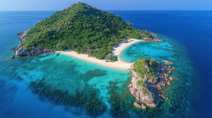Fototapeta premium A peaceful island landscape with crystal-clear blue sea surrounding the lush, green island
