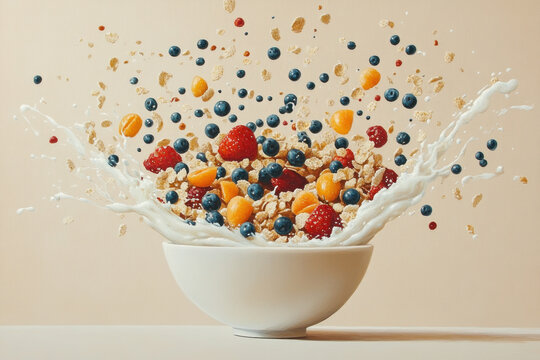 Bowl of cereal with fruit and yogurts, showcasing a wholesome and colorful breakfast option.