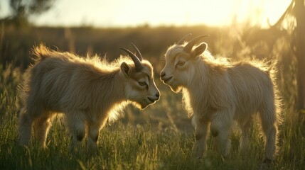 Obraz premium Two Baby Goats in Golden Light