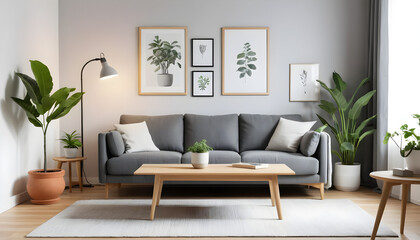 ai of living room grey sofa design and photos frame on wall and wooden floor and wooden table