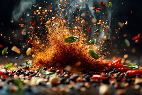 Spices fly out of a bustling pile, vibrant colors swirling in motion, creating a dynamic and aromatic scene of culinary abundance.