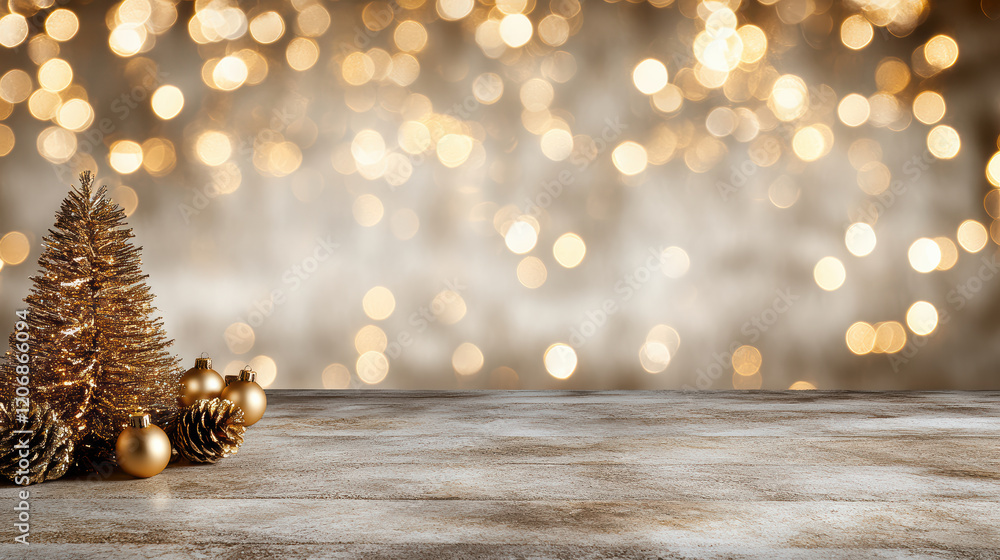 Poster golden bokeh lights create festive atmosphere with tree and ornaments