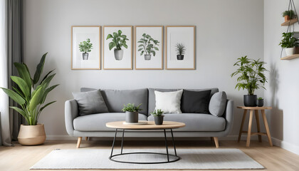 Fototapeta premium ai of living room grey sofa design and photos frame on wall and wooden floor and wooden table