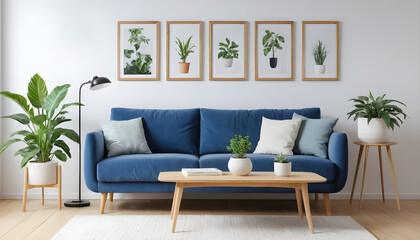 Fototapeta premium ai of living room blue sofa design and photos frame on wall and wooden floor and wooden table