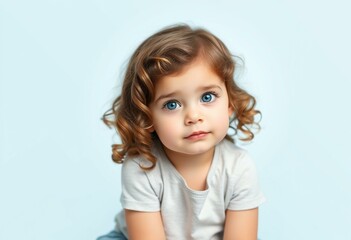 Naklejka premium Portrait of a 3-year-old girl with curly hair and blue eyes