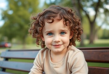 Portrait of a 3-year-old girl with curly brown hair and bright blue eyes