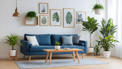 Fototapeta premium ai of living room blue sofa design and photos frame on wall and wooden floor and wooden table