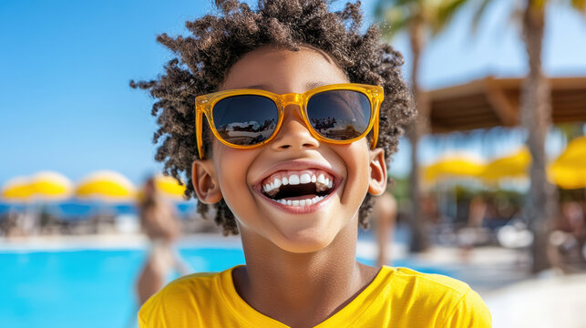 Joyful boy with curly hair wearing yellow sunglasses by poolside