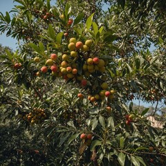 A mangaba tree with small, sweet-smelling fruits on a clear background.