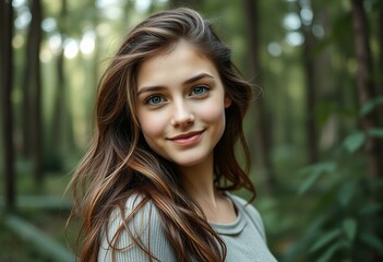Fototapeta premium Young woman standing in a forest, looking directly at the camera