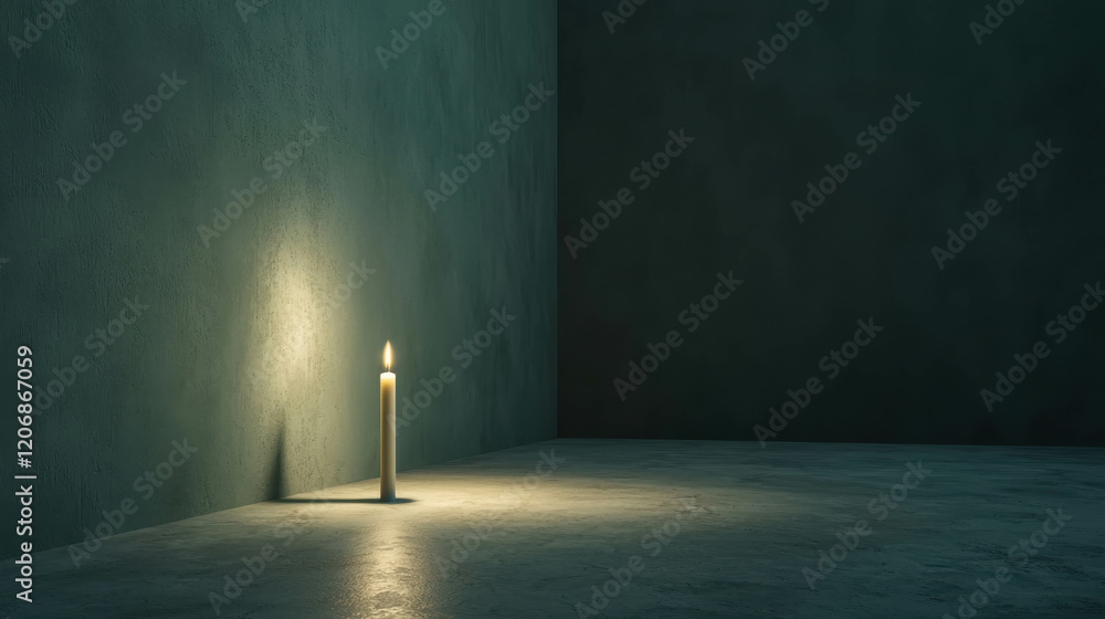 Poster single lit candle in dark empty room creating soft light and shadows on wall and floor