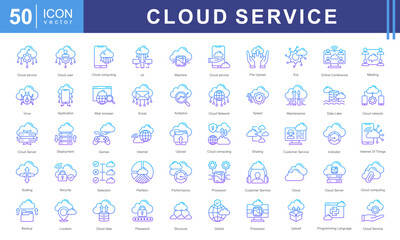 Cloud Services icon collection set. Containing servers, data, storage, security, and networking. Ideal for tech companies, startups, and digital applications.