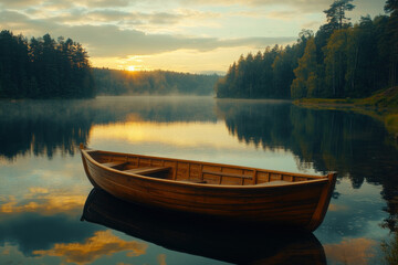 Obraz premium A boat floats peacefully on a lake, surrounded by serene waters and distant hills under a clear blue sky.