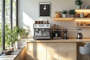 3-tier kitchen storage shelf with food, drinks, coffee machine, and mugs, natural light, minimalist design with white frame and light wood grain.