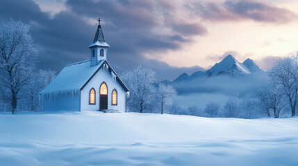 Charming Small Church Covered in Blanket of Fresh Snow Amidst Scenic Winter Landscape