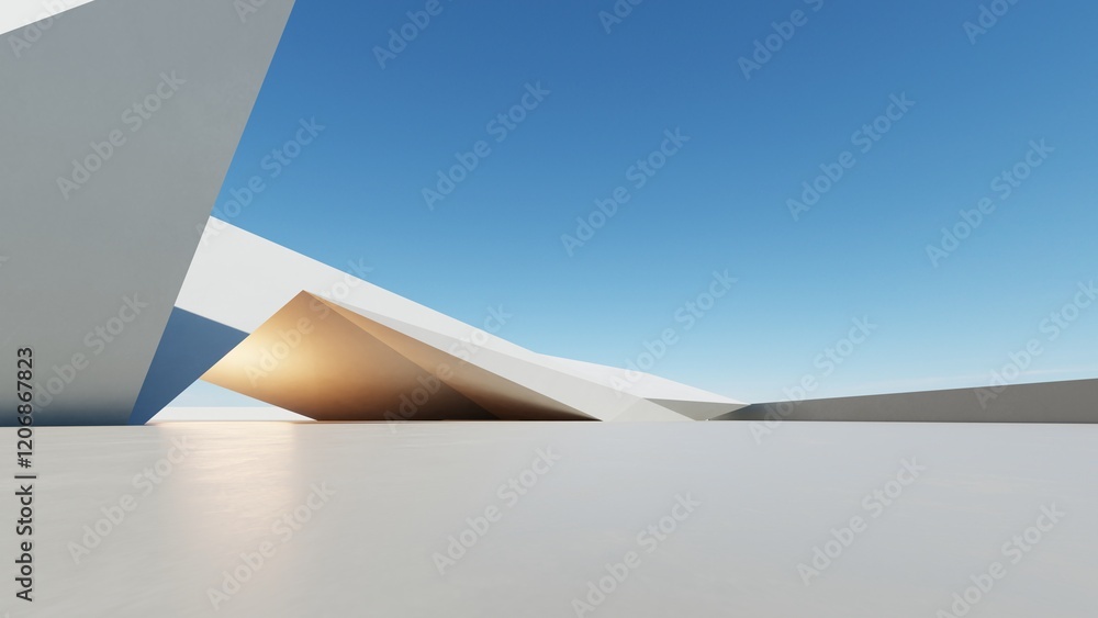 Poster 3d render of abstract modern architecture with empty cement floor, minimal exterior, car presentation background