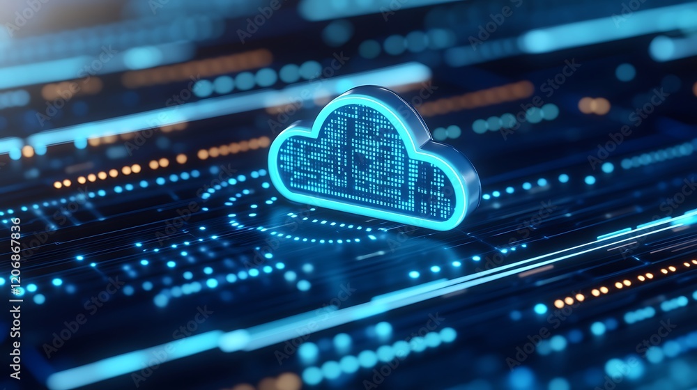 Poster 3d cloud icon on digital circuit background with data connections and blue light reflections in tech