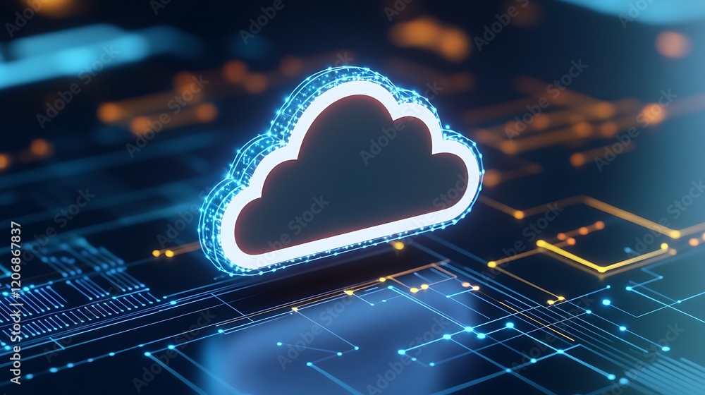 Poster 3d cloud icon on digital circuit background with glowing lines and futuristic technology elements