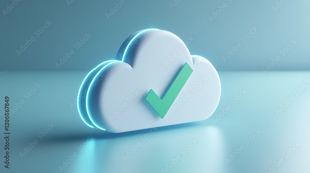 Poster 3d cloud icon with check mark representing successful cloud storage and data protection in modern te