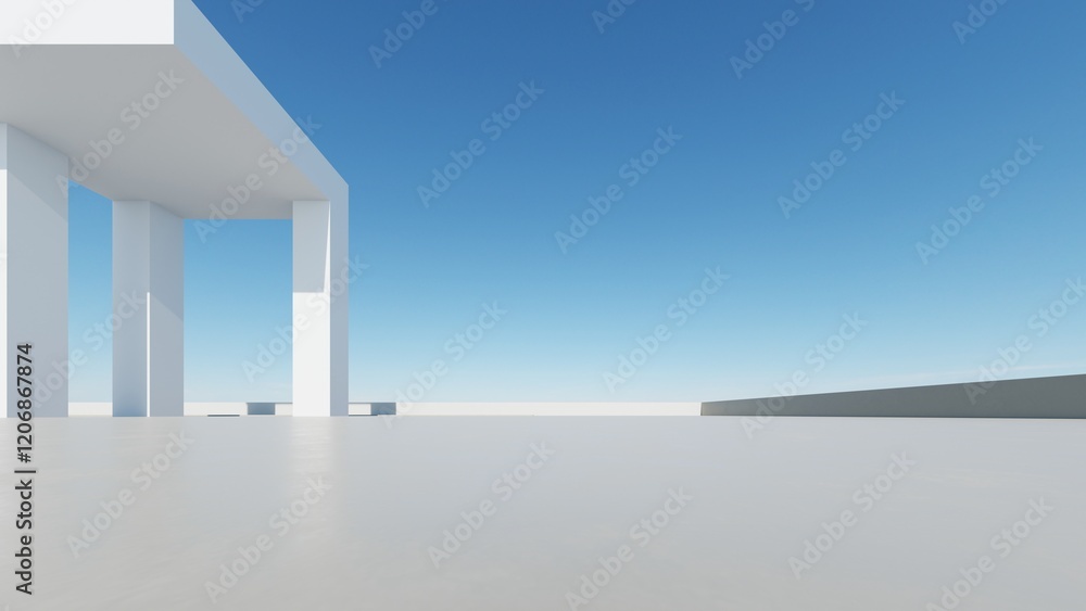 Poster 3d render of abstract modern architecture with empty cement floor, minimal exterior, car presentation background