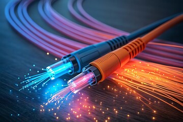 Close up high speed data transfer optical fiber cable with vibrant glowing background. 