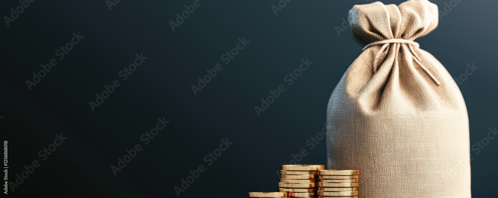 Poster a burlap sack filled with coins sits next to a stack of golden coins, symbolizing wealth and finance