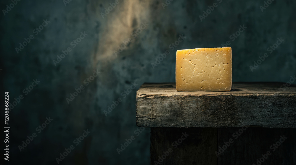 Poster solitary block of cheese on worn wooden shelf in dimly lit rustic setting