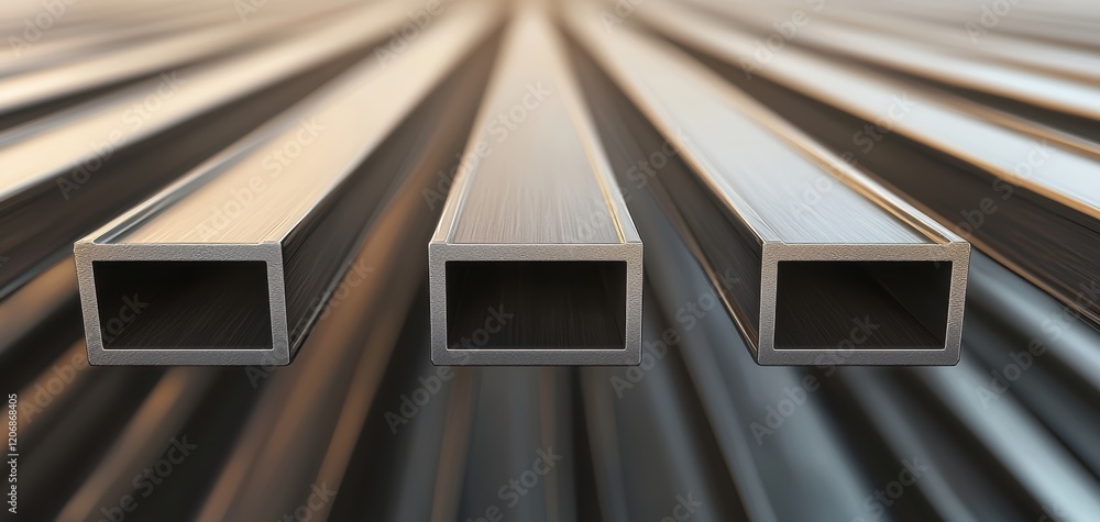 Poster a close-up view of three rectangular metal tubes arranged in a row, showcasing their smooth, shiny s