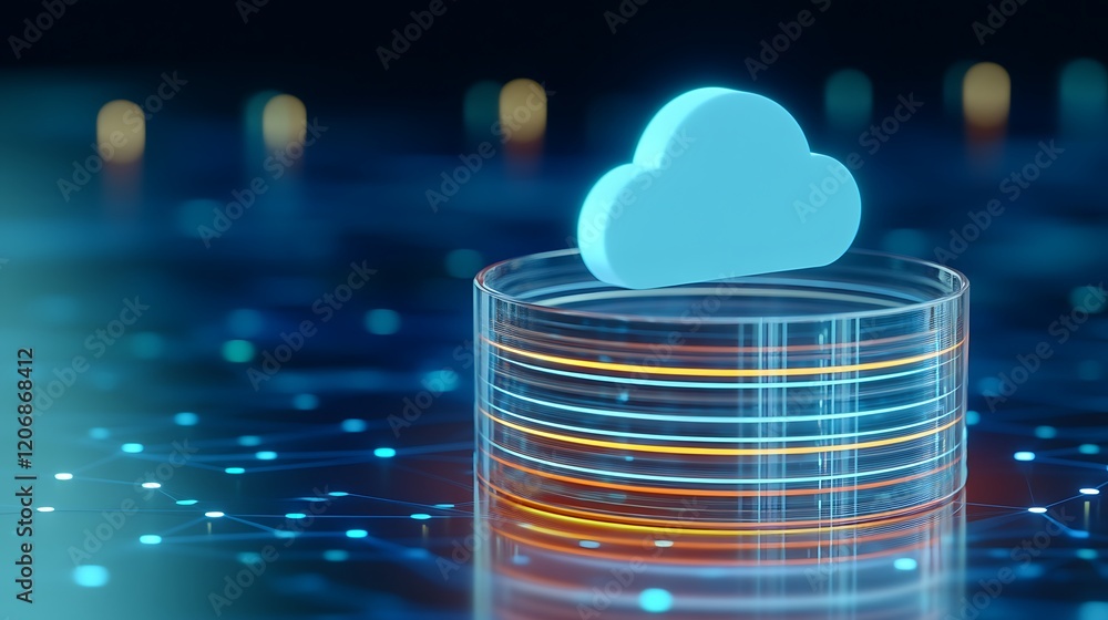 Poster 3d illustration of cloud symbol on transparent database layered with neon glow in futuristic digital