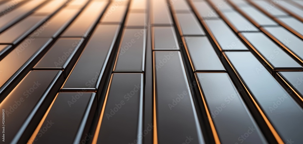 Poster a close-up view of a modern, sleek surface made of rectangular tiles with a glossy finish, reflectin