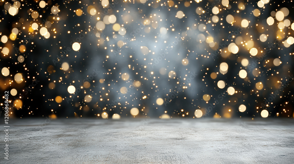 Poster shimmering background with golden bokeh lights and textured surface