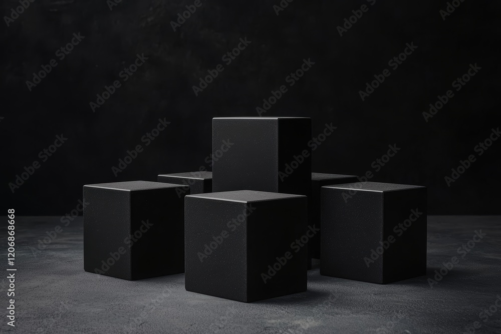 Poster a minimalistic composition featuring several black cubes arranged against a dark backdrop, emphasizi