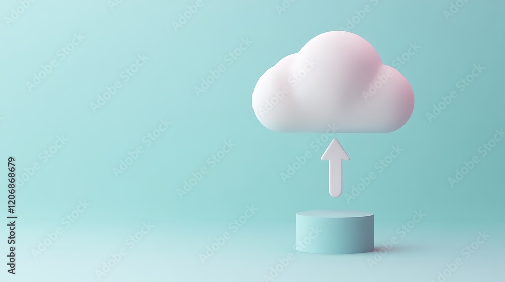 Aufkleber 3d render of minimalist cloud symbol above a platform with upward arrow on soft blue background