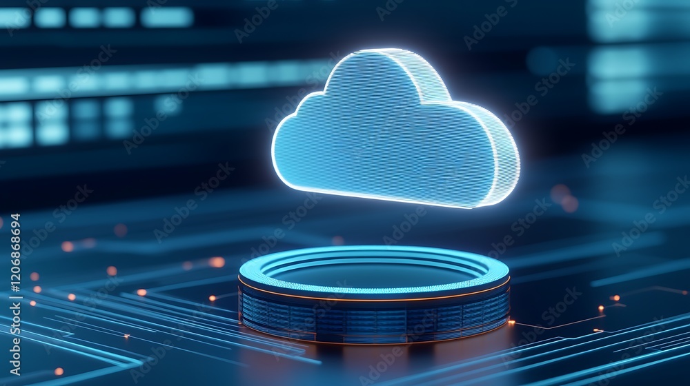 Poster 3d render of floating cloud symbol over digital circuit background in neon style
