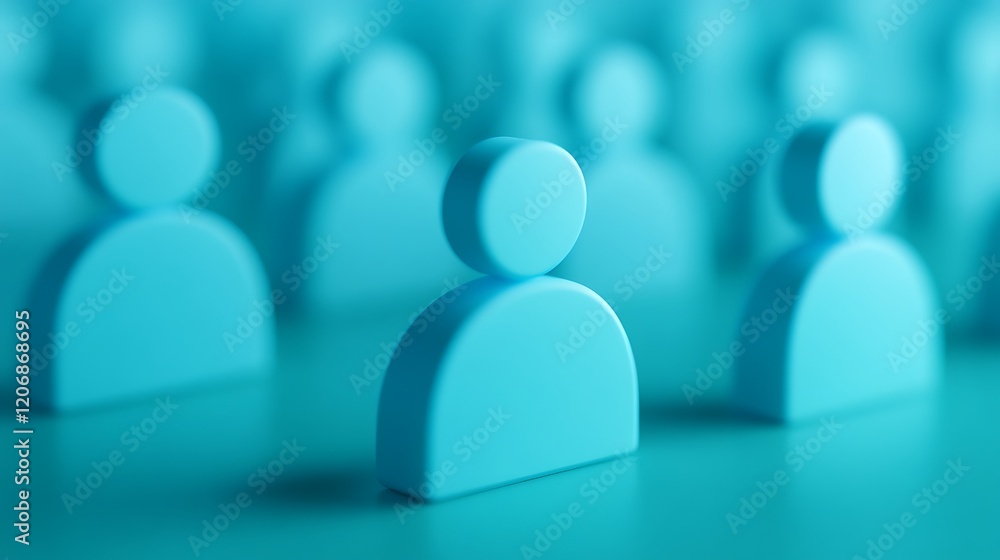 Poster 3d render of minimalist cyan figures representing human connections in a soft focus background
